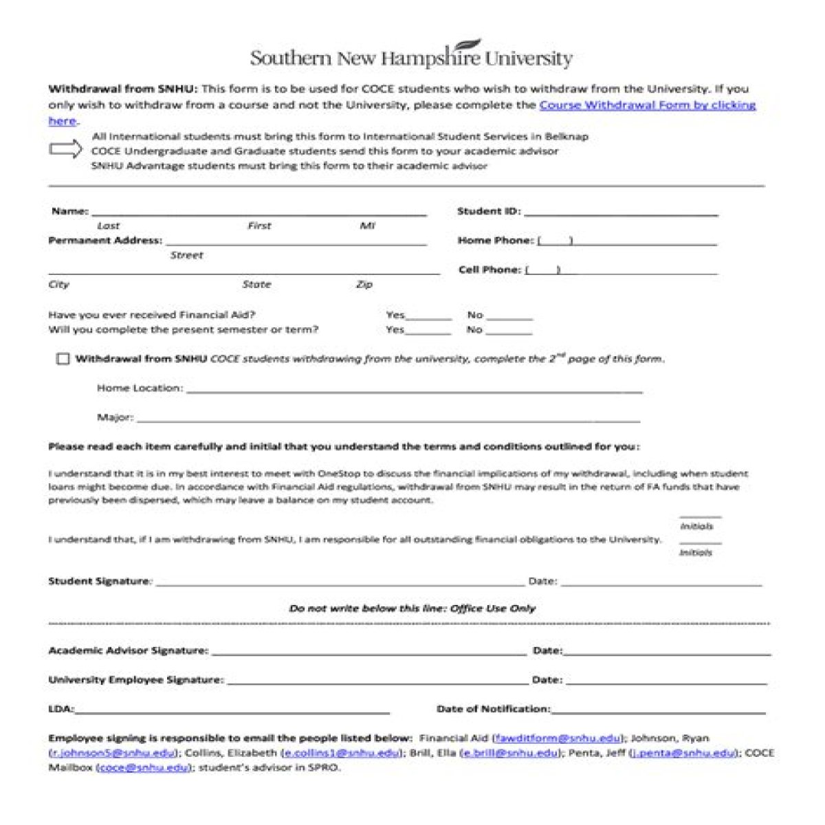 How do I withdraw from Snhu?